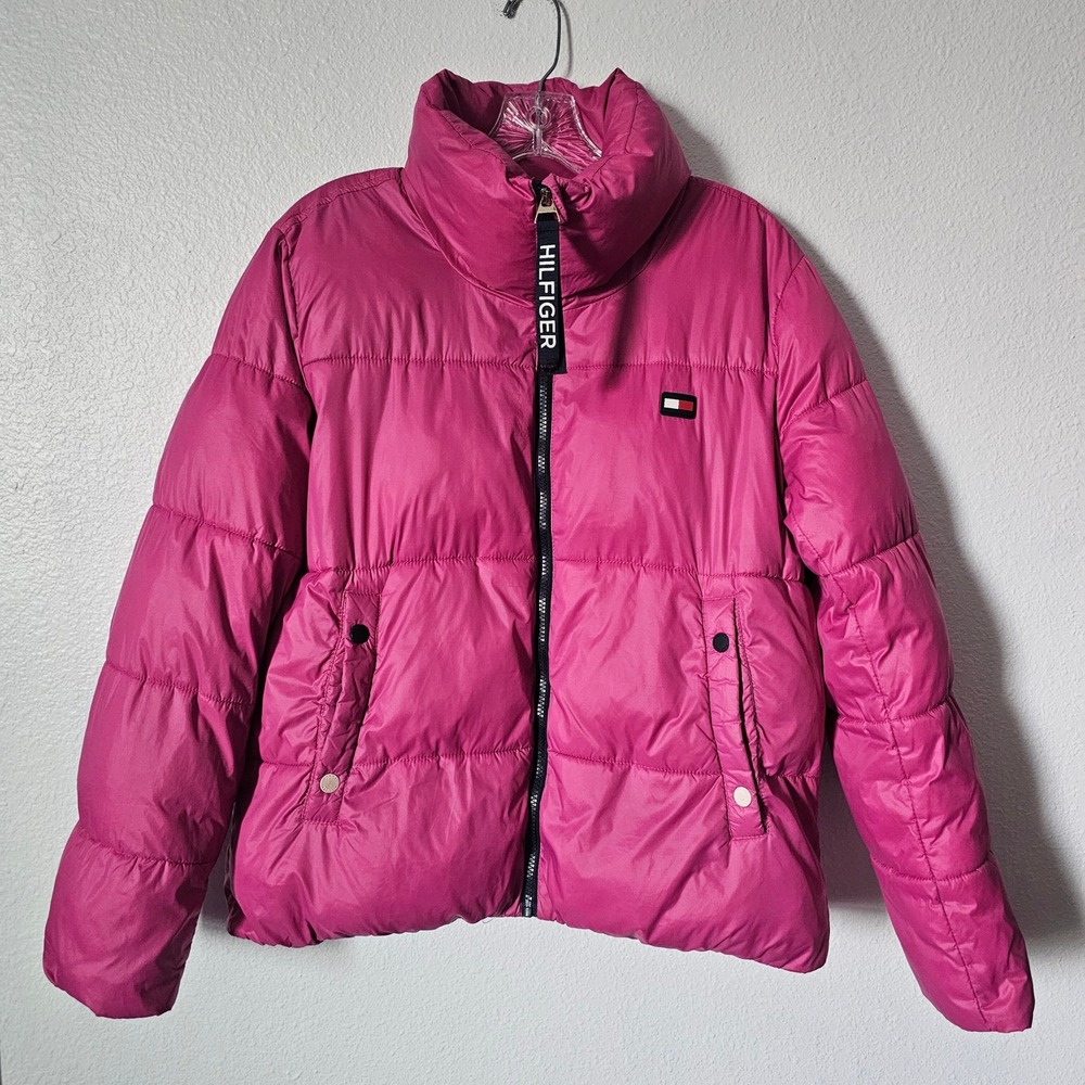 Tommy Hilfiger Sport Pink Puffer Jacket Women Medium Magenta Quilted Funnel Neck